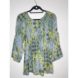 Spense Shirt Womens XL Green Blue Boho Peasant Tunic Top Bell Sleeve Print Flowy